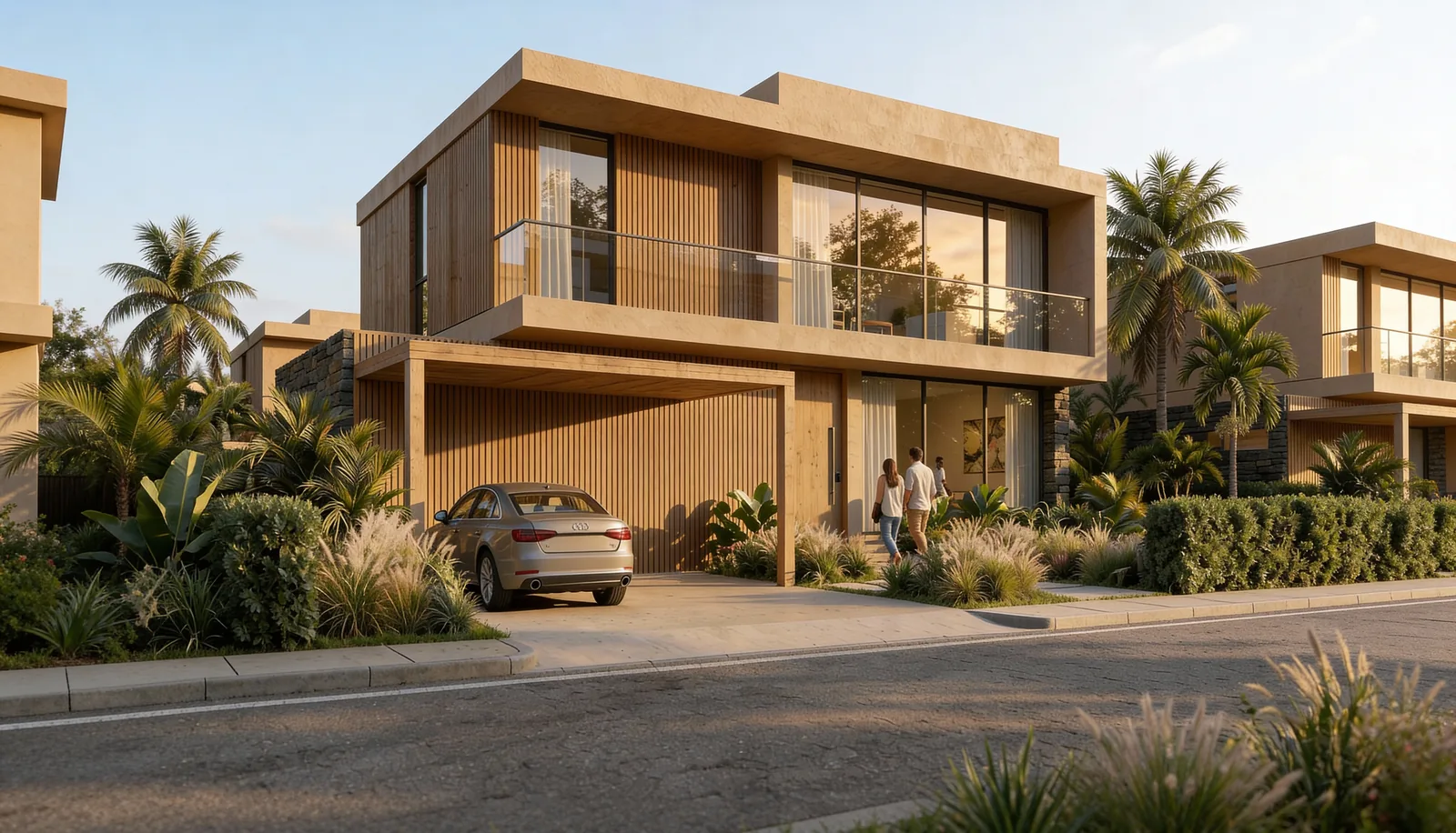 Street view of a duplex unit in timber and render