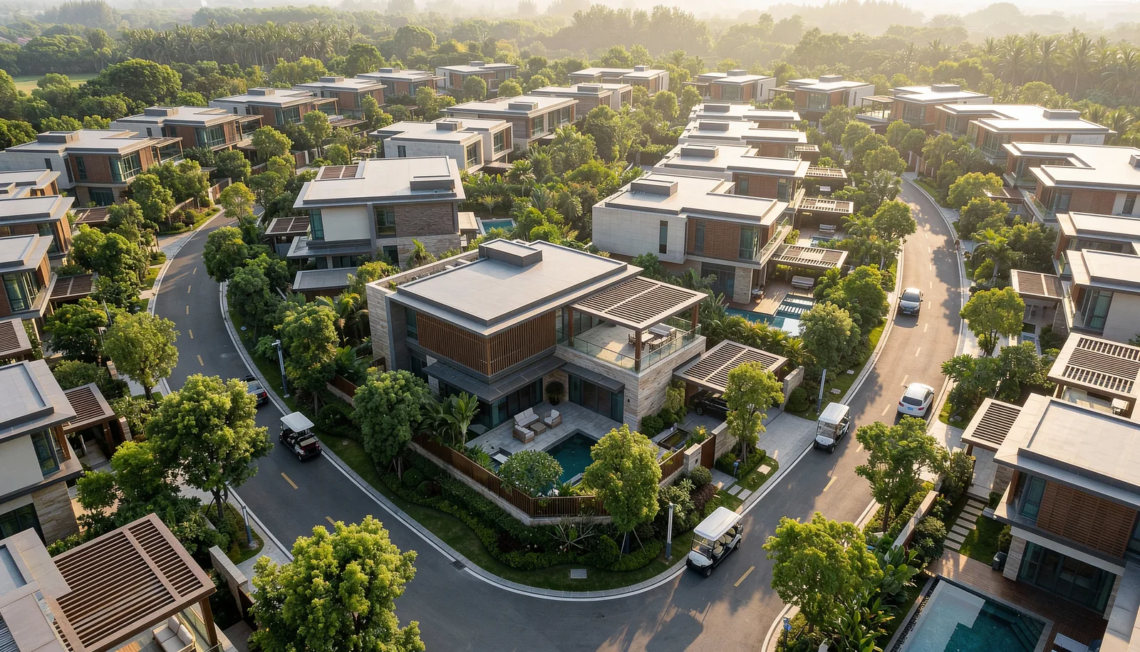 Aerial view of the luxury residential area, private homes among dense planting