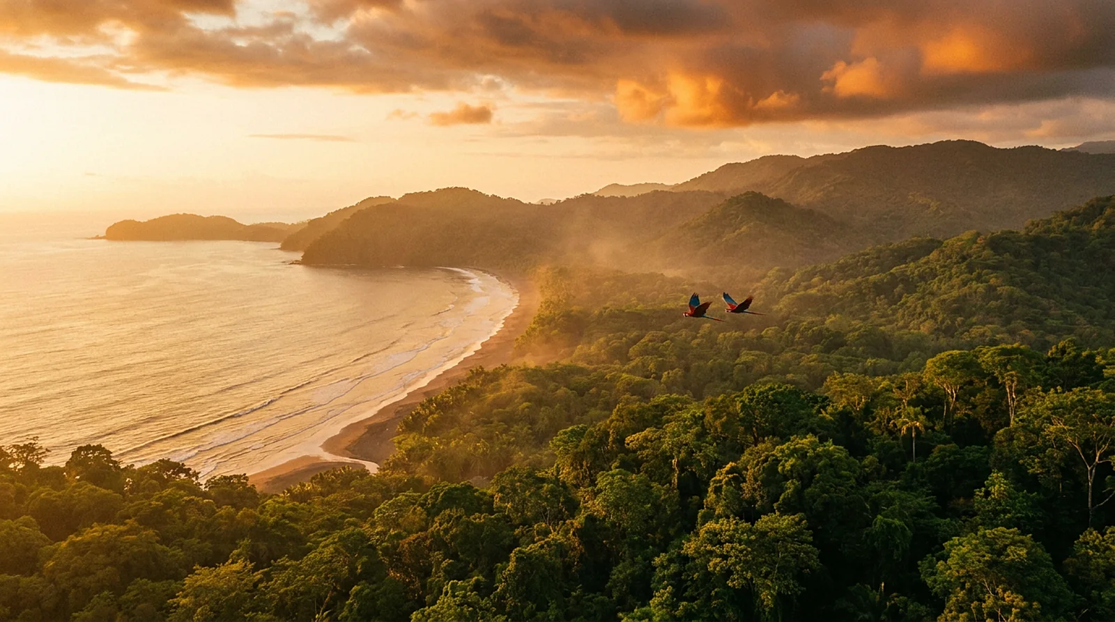 Golden hour over the Jaco coastline, rainforest meeting the Pacific