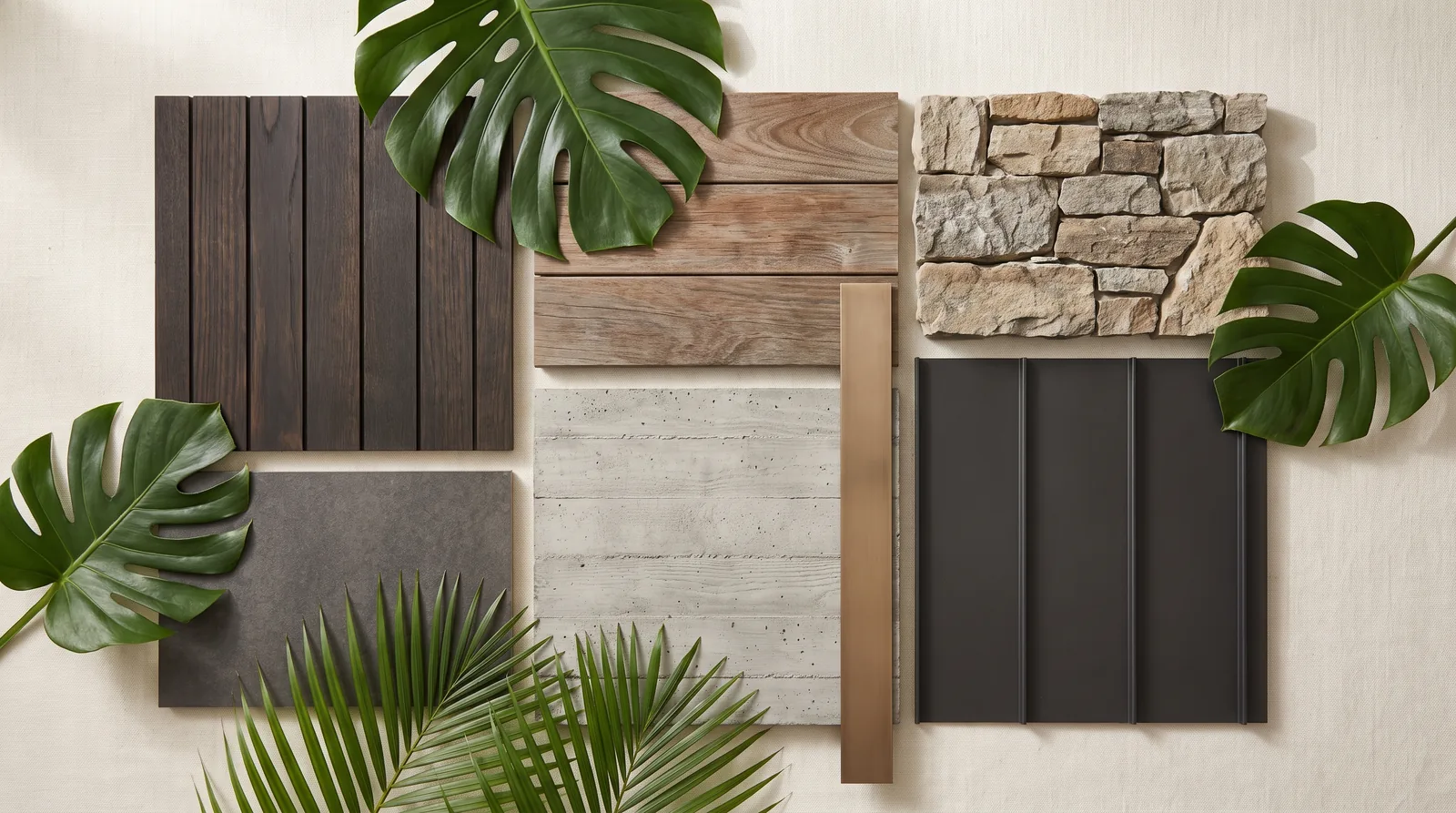Materials board: tropical hardwood, stained timber, dry stone, board-formed concrete, dark seam metal, foliage and bronze