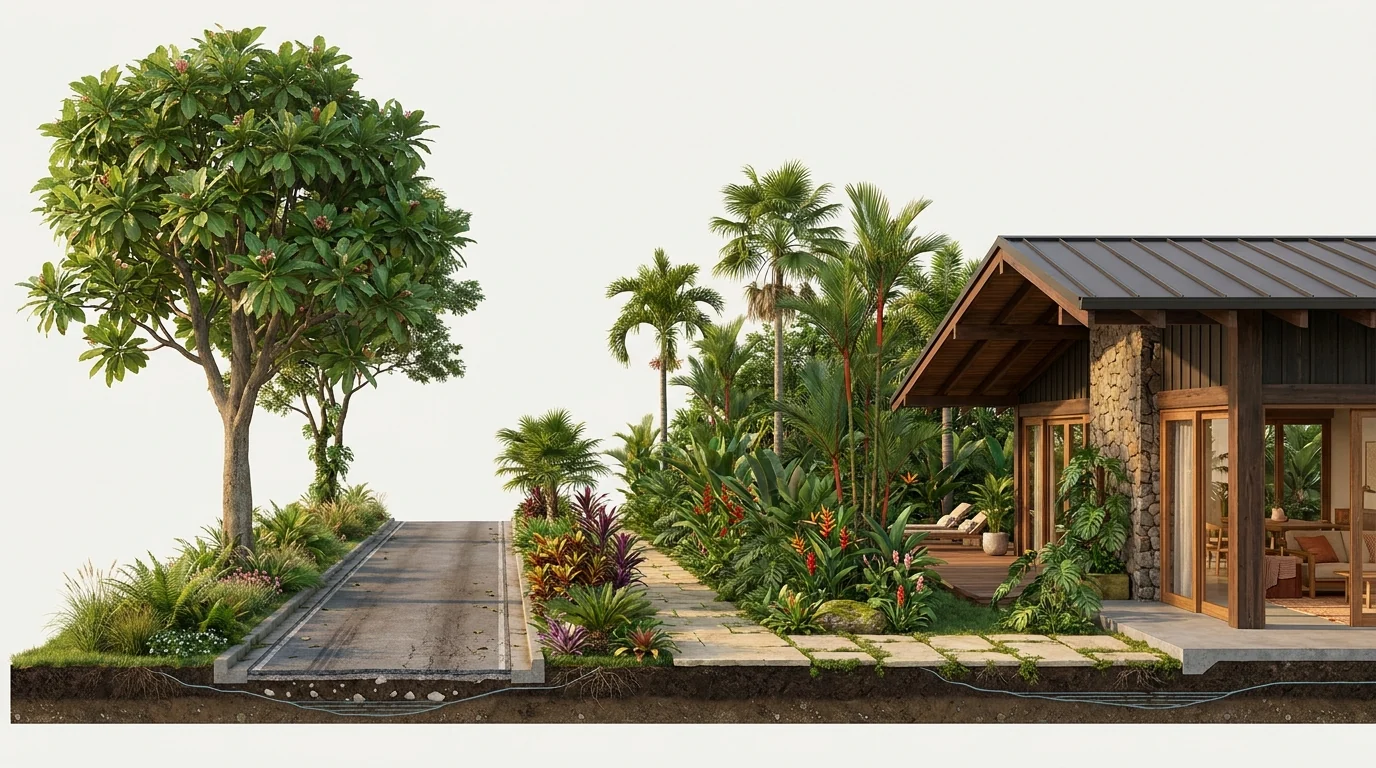 Street cross-section of a residential lane with planted verges, walkway and deep green setback